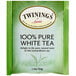 A green and white Twinings label on a white package of 20 pure white tea bags.