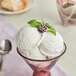 A bowl of Lloyd's of Pennsylvania black raspberry ice cream with a blackberry on top.