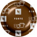 A coffee cup filled with Nespresso Forte coffee on a brown and white plate.