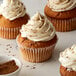 A close-up of a cupcake with white frosting and brown powder on top.