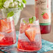 Two glasses of DaVinci Gourmet strawberry drinks with mint and strawberry slices.