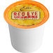 A white container of Ellis red eye coffee single serve cups with an orange lid.