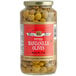 A jar of pitted green manzanilla olives.