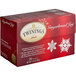 A red Twinings box of 20 gingerbread joy tea bags with white text and snowflakes.