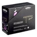 A black Lavazza box of 10 Maestro Intenso Nespresso capsules with a purple capsule inside.
