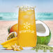 A close up of a glass of Smartfruit Revive beverage with ice and fruit floating in it.