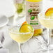 A glass of Monin margarita mix with a salt rim and lime slice next to a bottle of Monin margarita mix.