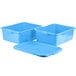 Three blue plastic storage containers with standard white lids.