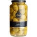 A jar of Belosa garlic stuffed queen green olives with a yellow label.