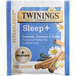 A blue and white Twinings packet of 16 Sleep+ Chamomile, Cinnamon & Vanilla herbal tea bags.