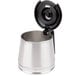 A stainless steel and black replacement carafe for Hamilton Beach coffee makers.