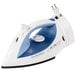 A white and blue Hamilton Beach midsize iron with a blue handle.