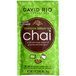 A green and brown package of David Rio Tortoise Green Tea Chai Latte Single Serve Packets with white text.