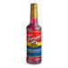 A Torani Pomegranate flavoring syrup 750 mL plastic bottle with a red label filled with red liquid.