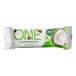 A ONE Chocolate Almond Bliss protein bar in a white and green wrapper.