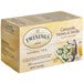 A white and yellow Twinings box of Chamomile, Honey & Vanilla Herbal Tea Bags.