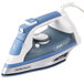 A Hamilton Beach white iron with a close up of the iron's non-stick surface.