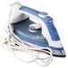 A white and blue Hamilton Beach iron with a cord.