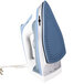 A close-up of a white and blue Hamilton Beach iron with a cord.