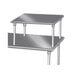 A silver metal Advance Tabco table mounted equipment shelf with two shelves.