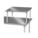 An Advance Tabco silver metal table mounted equipment shelf with metal legs.