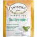 A yellow and white Twinings packet of peppermint and creamy vanilla herbal tea bags.