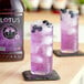 A close-up of a glass of purple Lotus Plant Power Energy Concentrate with ice and blueberries.