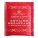 A red Harney & Sons English Breakfast Tea bag packet with white text.