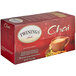 A white Twinings box of 25 Chai Tea Bags with a cup of tea on it.