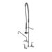 A T&S chrome pre-rinse faucet with a hose and hand-held sprayer.