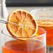 Dried orange slice in a glass of liquid.
