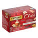 A close up of a red Twinings French Vanilla Chai Tea box with red and white label.