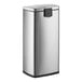 A silver Lancaster Table & Seating stainless steel rectangular step-on trash can with a black lid.