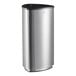 A silver Lancaster Table & Seating stainless steel trash can with a black lid.