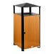 A square outdoor trash can with a covered top, featuring vertical wood composite slats and a black steel frame.