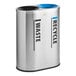 A stainless steel indoor trash can with two separate openings labeled for waste and recycling.