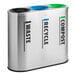 A stainless steel indoor trash can with three separate labeled compartments for waste, recycling, and compost.