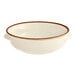 An Acopa Keystone porcelain onion soup crock with a vanilla bean color and brown rim.
