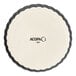 A white Acopa porcelain souffle dish with black trim.