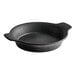 A close-up of a black round Acopa Caldera casserole dish with two handles.
