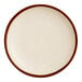 An Acopa Keystone porcelain coupe plate with a white center and brown rim.