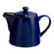 A blue porcelain teapot with a handle and lid.