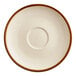 A white Acopa Keystone porcelain saucer with a brown rim.