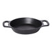 A black cast aluminum mini round server with two handles.