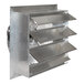 A metal shutter-mounted exhaust fan with a fan in the middle.