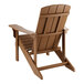A brown high impact polystyrene Adirondack chair with a back and arm rests.