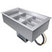 A Hatco rectangular silver drop-in cold food well with three slanted compartments.