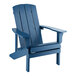 A blue high impact polystyrene Adirondack chair with armrests.