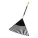 A black True Temper leaf rake with a long black handle.