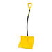 A yellow snow shovel with a black curved handle.